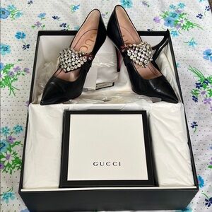 Gucci Leather Heels Rhinestone Embellished Heart - 38.5
